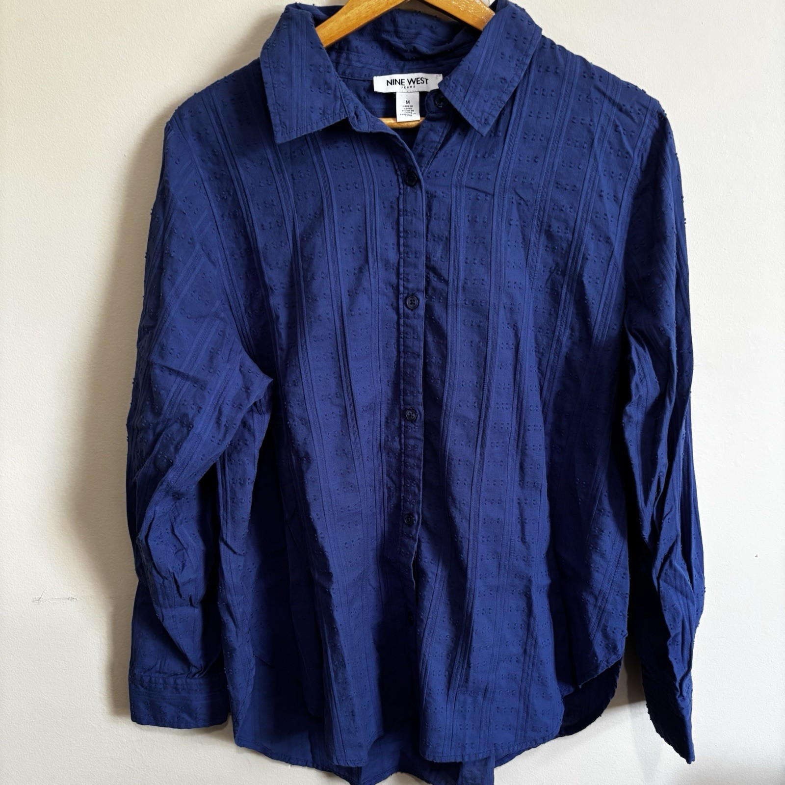 Nine West Blue Pintuck Textured Button-Up Cotton Shirt Medium