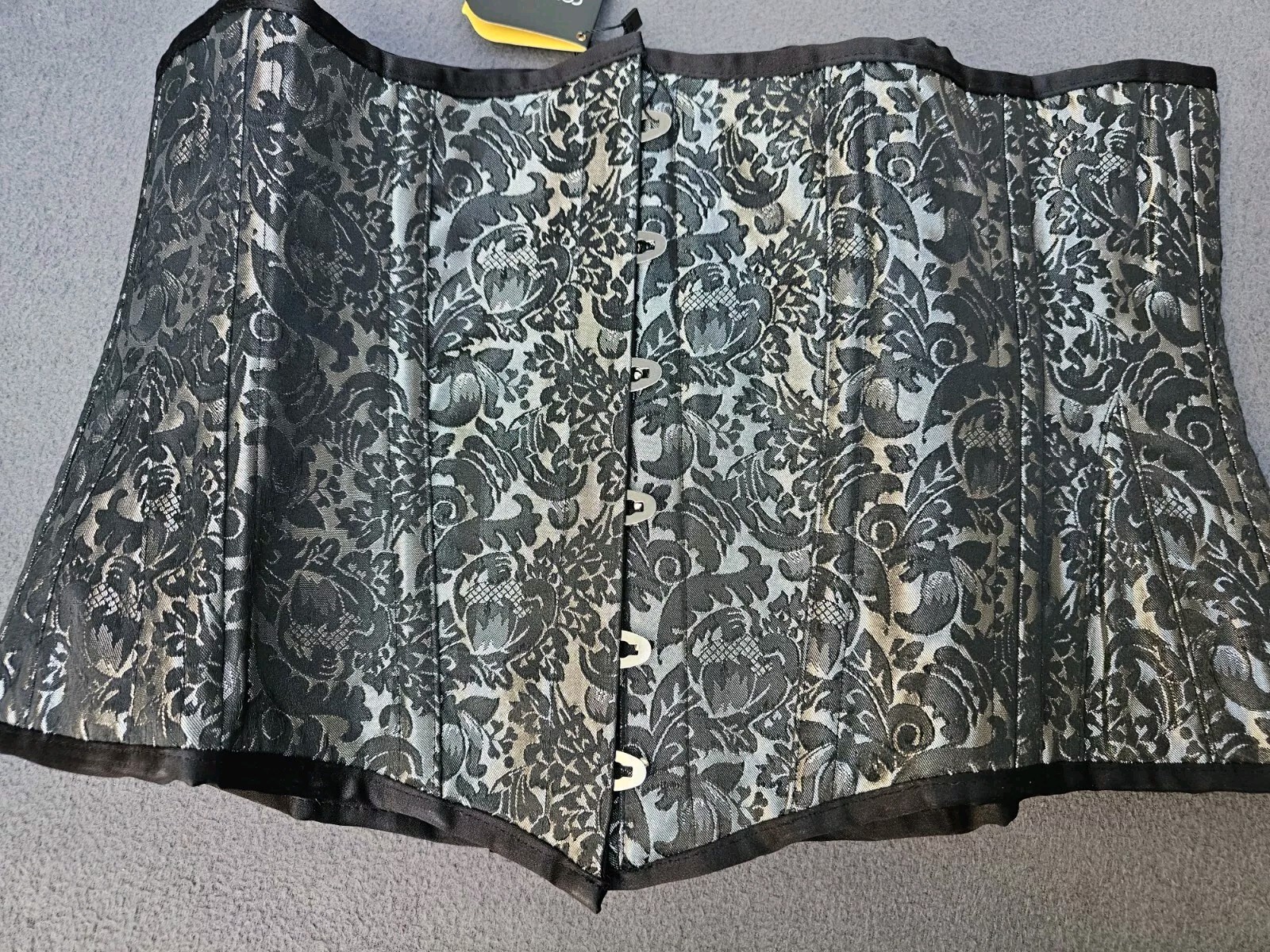 Corset Story Black Silver Brocade Long Waist Training Underbust Corset Size 38″