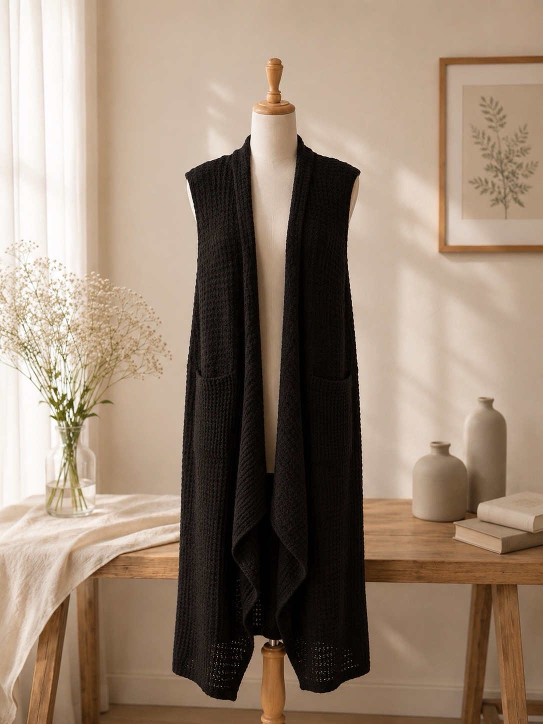 RXB Womens Large Black Open Knit Duster Vest Longline Open Front Boho Layering