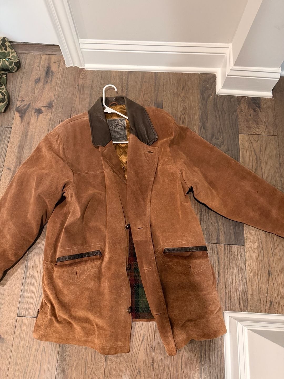 Slim John Vintage Brown Suede Leather Coat Jacket Plaid Quilted Lining