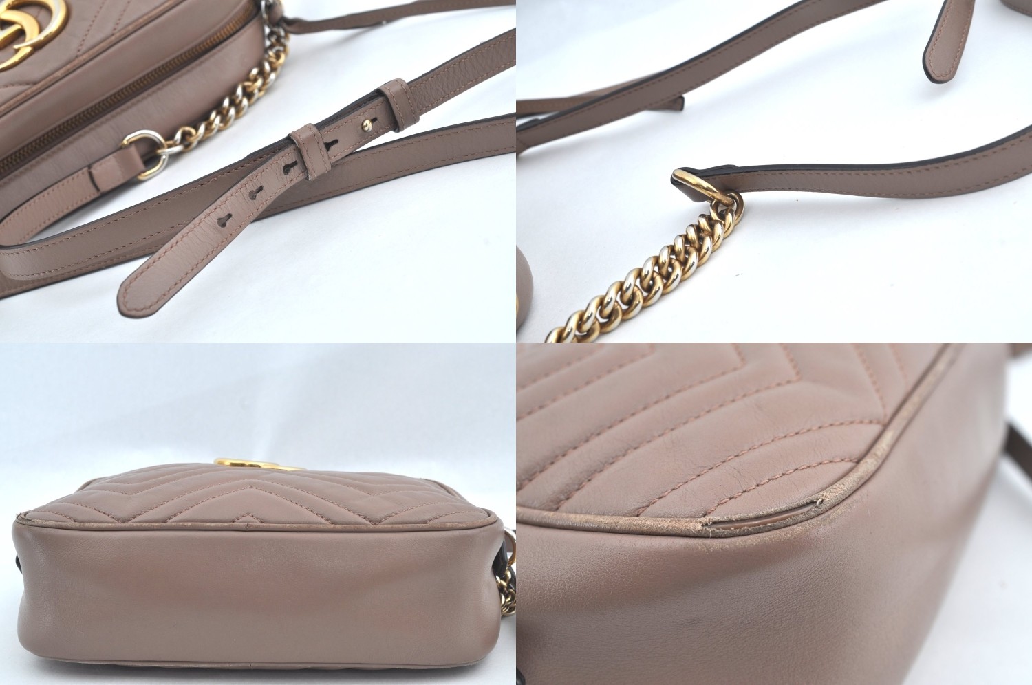 Auth GUCCI GG Marmont Chain Shoulder Cross Body Bag Leather 447632 Beige AA174