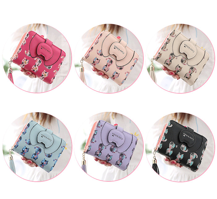 Womens Zip Around Bifold Wallet with Hasp Cute Kitty Leather Small Handbag Purse