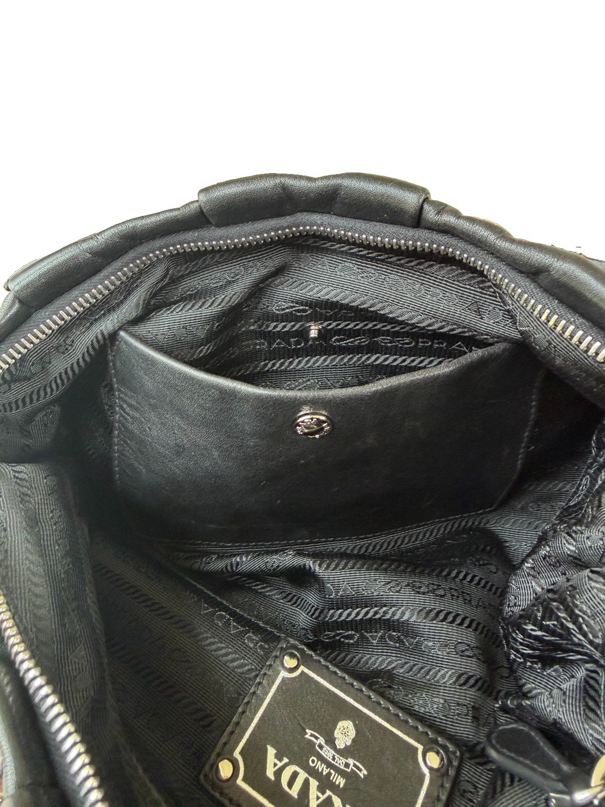 PRADA Black Crescent Shoulder Hobo Bag Zip Silver Hardware Logo Strap Pockets