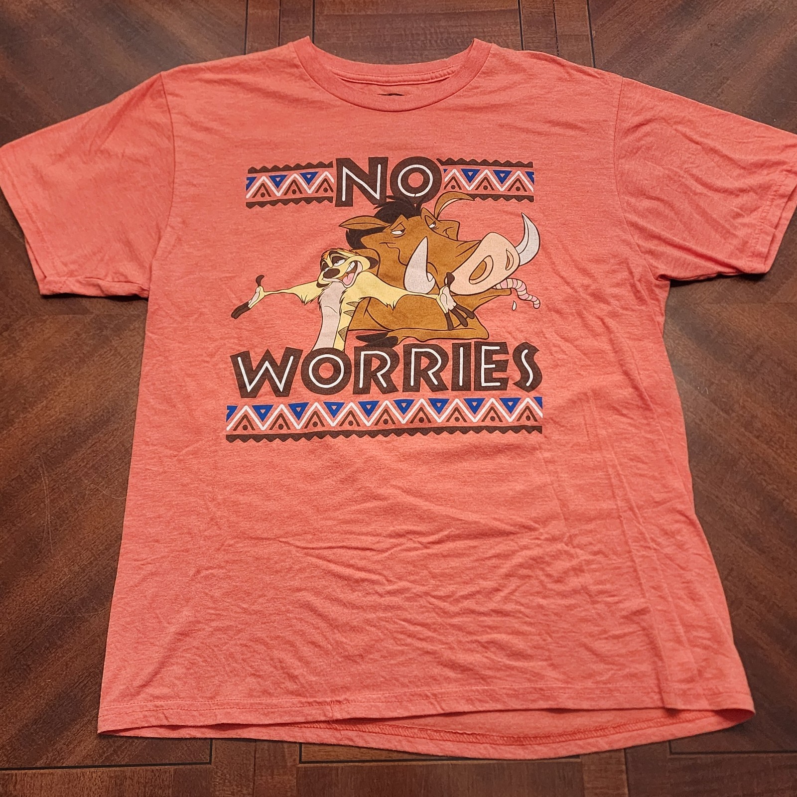 MENS PUMBAA TIMON Disney T-shirt Lion King No Worries Large L ORANGE WDW S/S