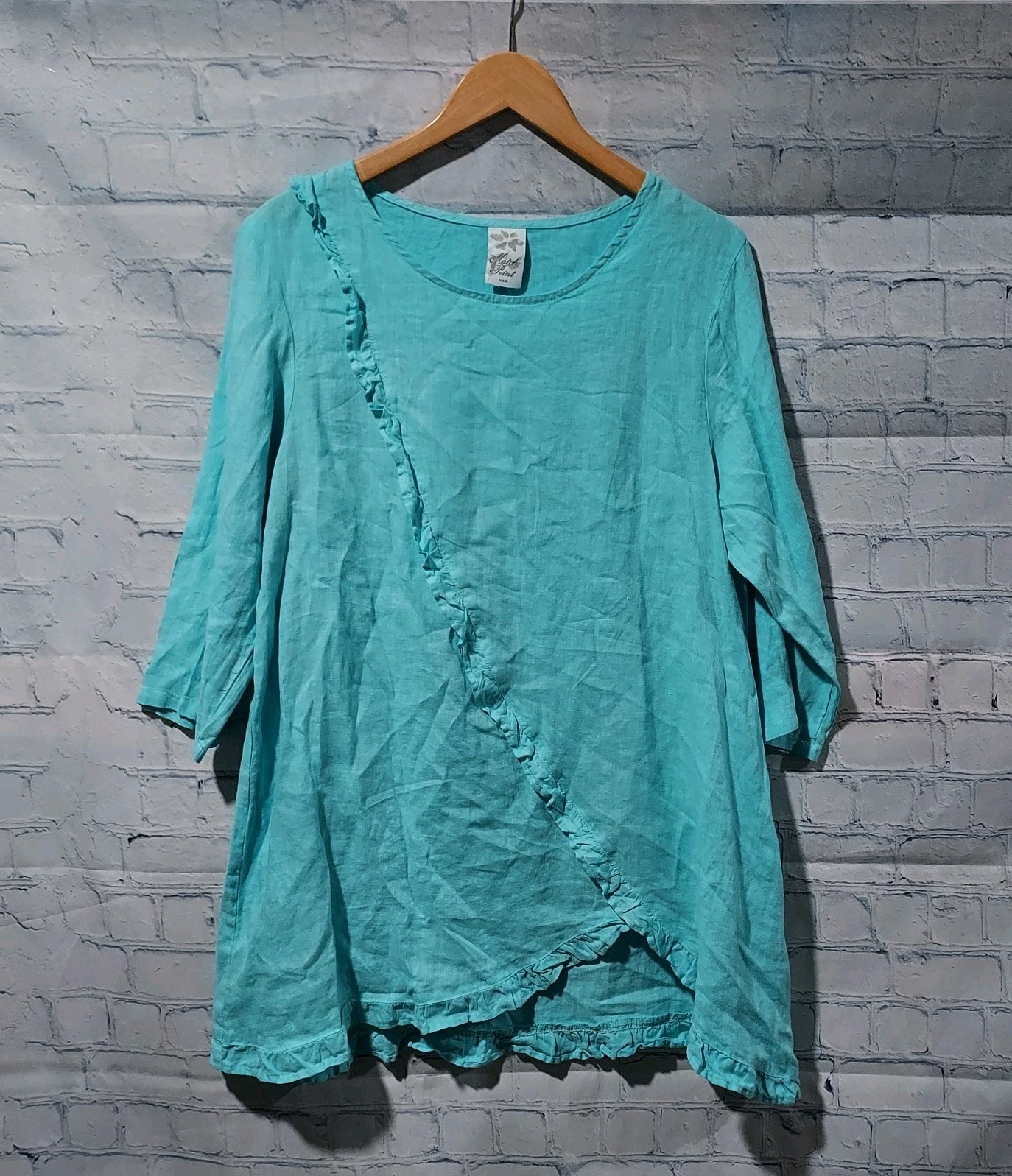Match Point USA S Tunic 3/4 Sleeve Aqua Linen Asymetrical Lagenlook Coastal