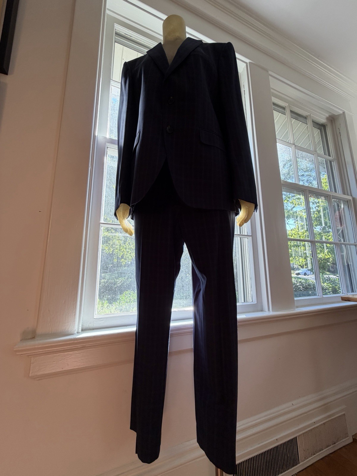 Men’s 40 R Hugo Boss Huge Blue Windowpane Check Plaid 100% Wool Flat Front Suit