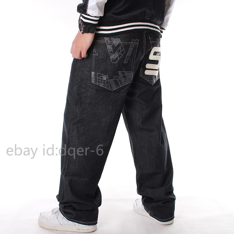 New Men’s Black Jeans Denim Baggy Loose Casual Pants Trousers Hip-Hop W30-W42