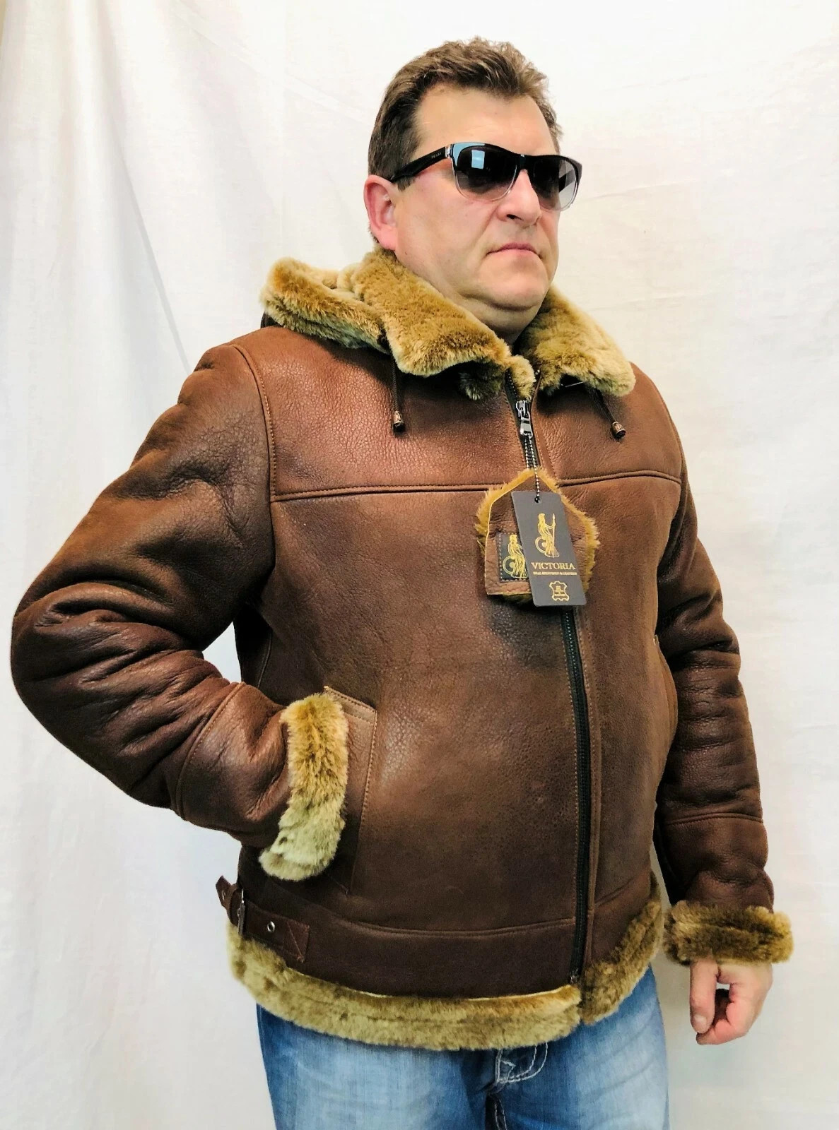 Men’s Genuine Whiskey Sheepskin Shearling Leather Bomber B3 Pilot Coat Jacket