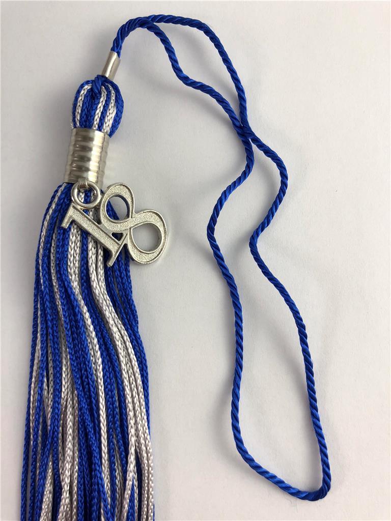 NEW Blue & Silver/Gray Class of 2018 With Charm Jostens Graduation Tassel 9″