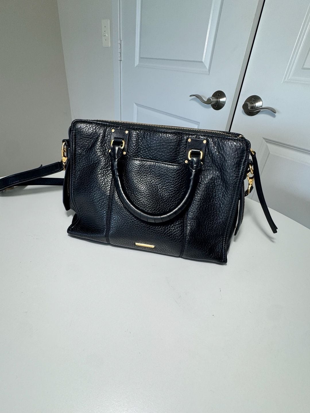 Rebecca Minkoff Black Pebbled Leather Satchel Crossbody Bag Gold Hardware Tassel