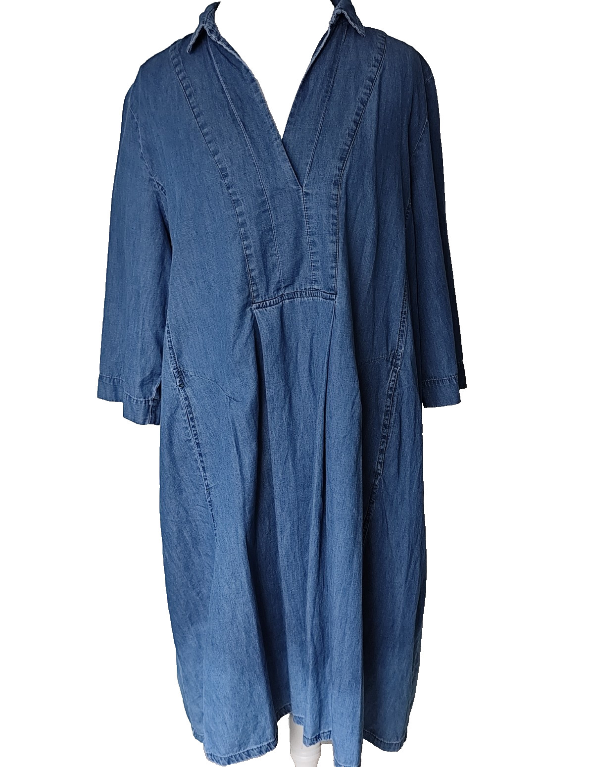 Alembika 4 Light Denim Green Stitch Collared V Neck 3/4 Sleeve Pockets Dress XL