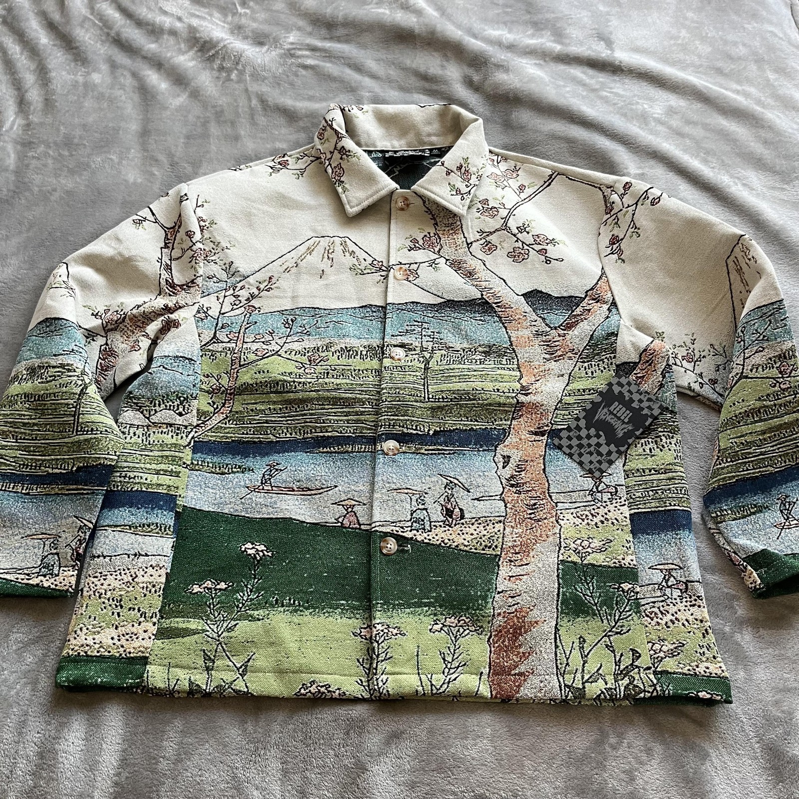 Rebel Vengeance Jacket Mens Medium Multicolor Landscape Tapestry Bomber Scenic