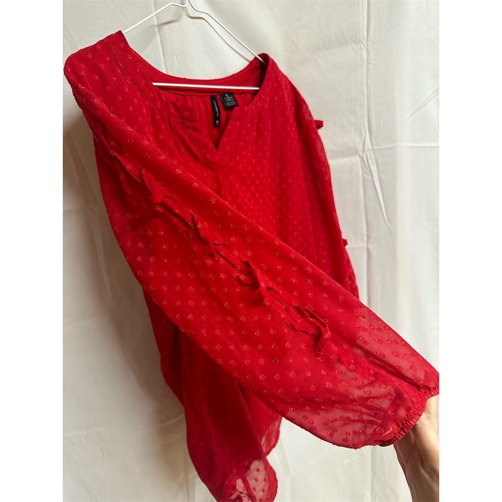 NWT New Directions XL Red Swiss Dot Sheer Sleeve Blouse Top Snagged