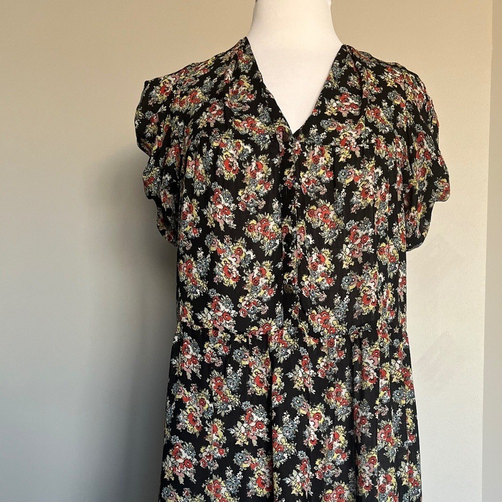 Sandro Floral Summer Ruched Puffed Sleeve V-neck A-line Cocktail Dress Medium