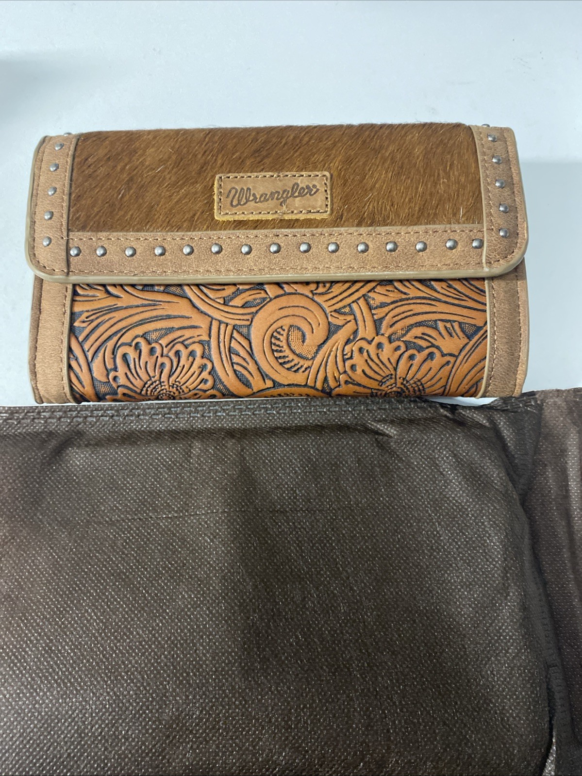Wrangler Genuine Cowhide/Faux Leather and Canvas Crossbody Wallet Wristlet Brown