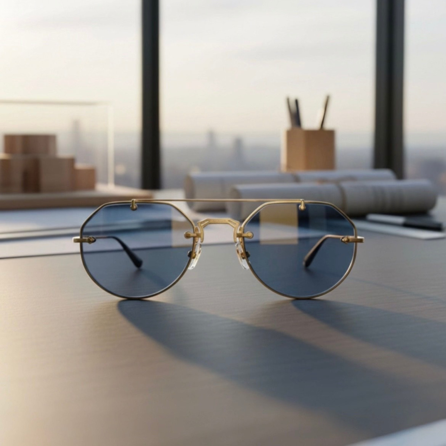 Matsuda M3121 Geometric Sunglasses Brushed Gold | Cobalt Blue Lenses