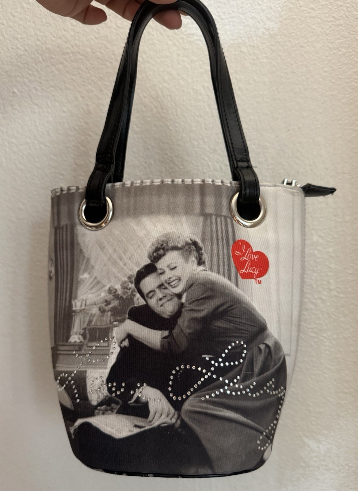 I Love Lucy Vintage Black & White Photo Tote Bag with Stud Detailing