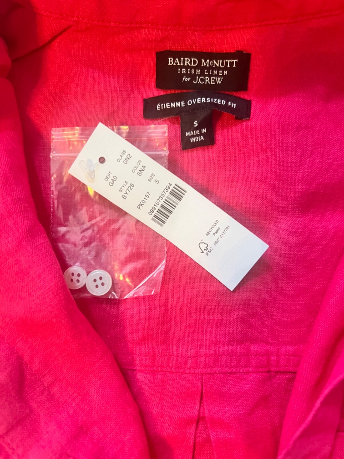 NWT S J.Crew Etienne Oversized Fuchsia Raspberry Shirt Baird McNutt Irish linen