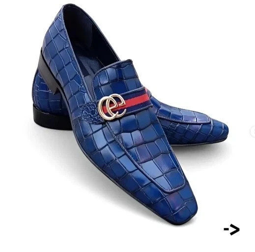 Handmade Men’s Navy Blue Crocodile Textured Leather Shoes