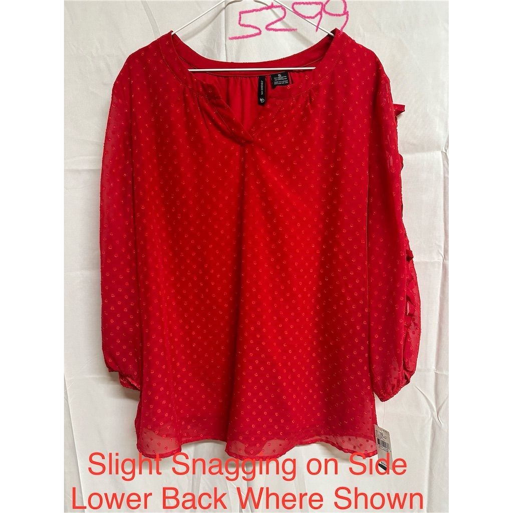 NWT New Directions XL Red Swiss Dot Sheer Sleeve Blouse Top Snagged