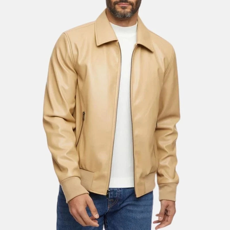 NEW Men’s Beige Bomber Leather Jacket Pure Lambskin Size S M L XL XXL Customize