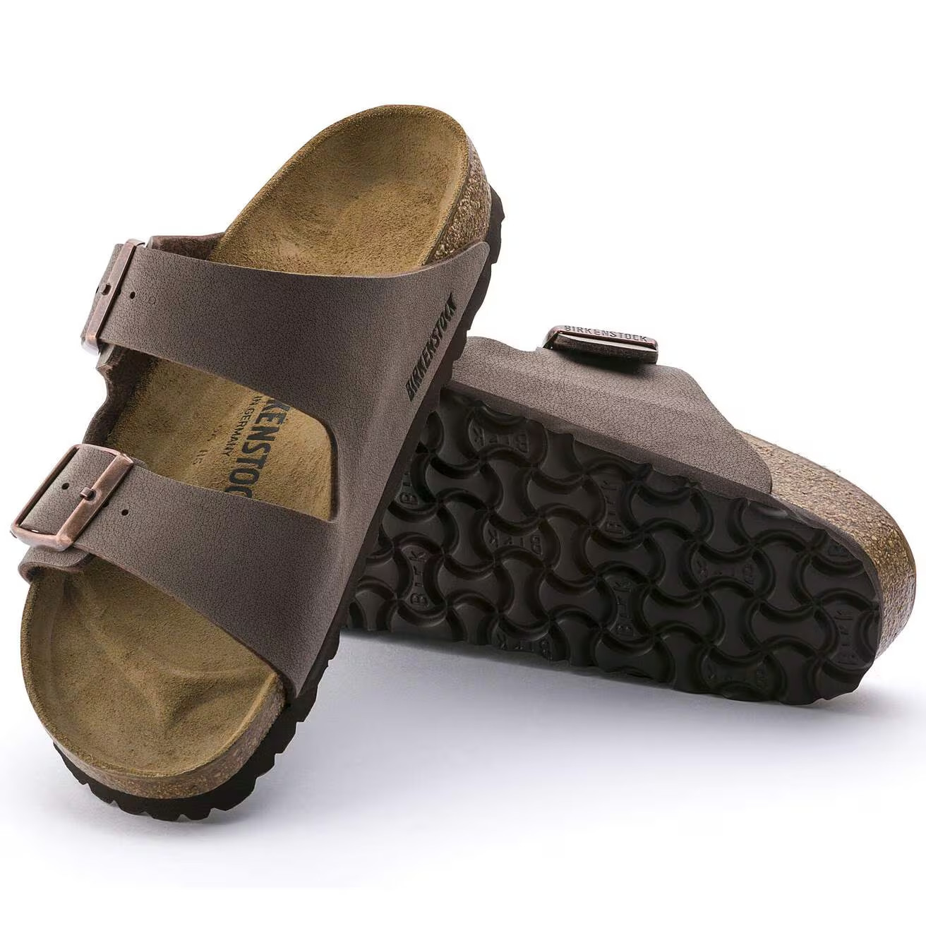 Birkenstock Arizona Mocha/Stone/Black/Blue Birkibuc Leather Soft Footbed Sandals