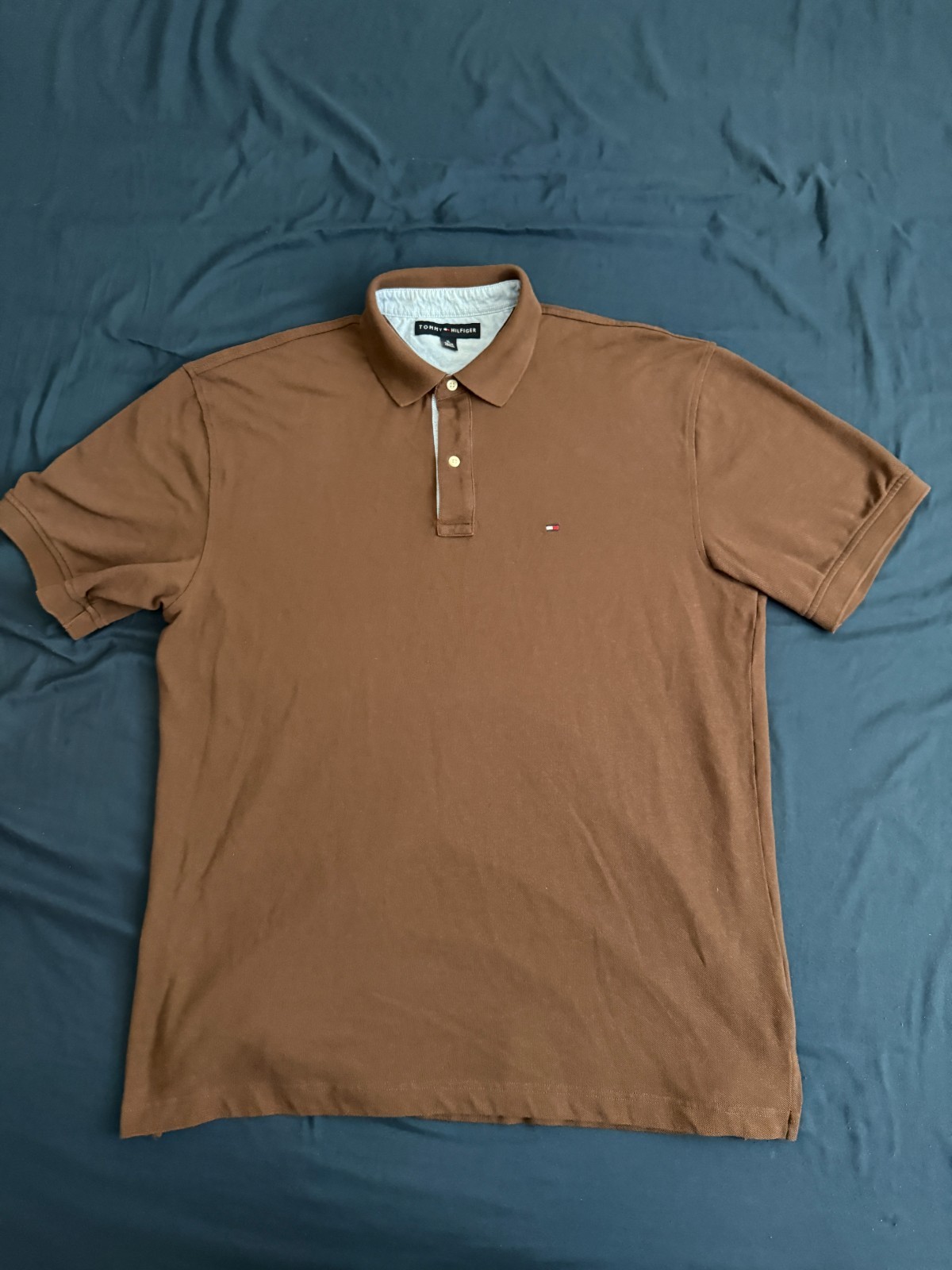 TOMMY HILFIGER Mens Shirt Polo Brown Short Sleeve Plain XL Cotton Blend Cotton