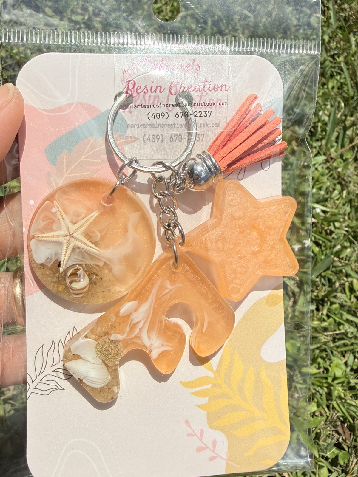 Custom made keychain Beach Theme Sunset Orange Resin Keychain.