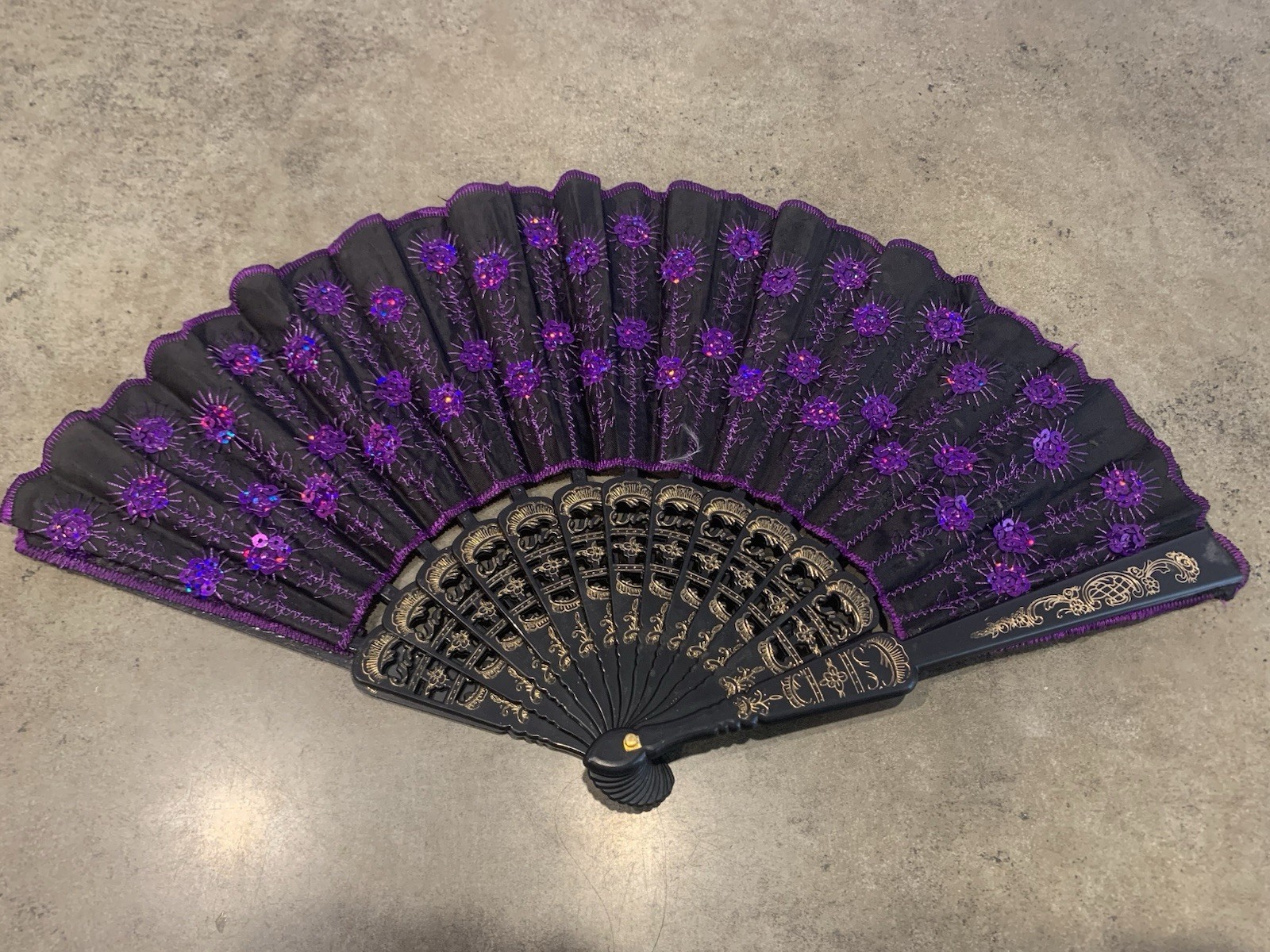 Women Sequin Folding Fan Fabric Plastic Handle Chinese Dancing Prop Party Crafts