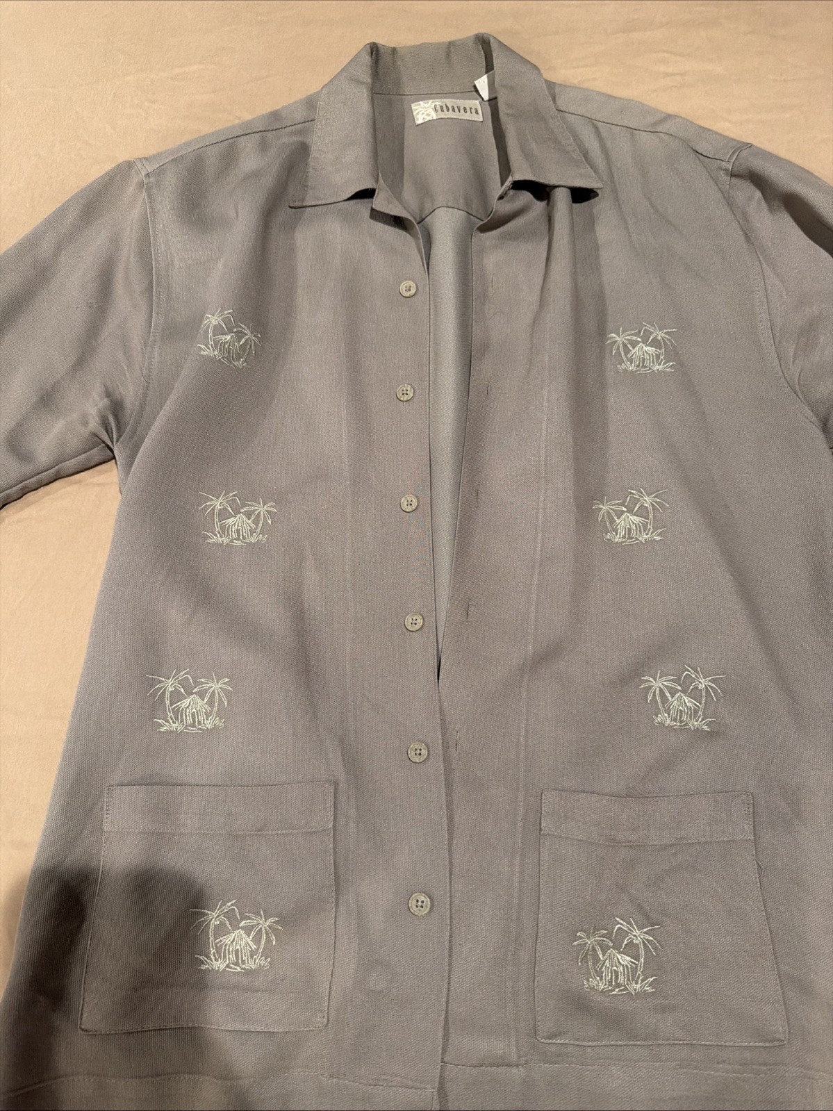 Cubavera Camp Shirt~Sage Green~Embroidery Palms~Men sz S~Linen Blend~Pockets~New