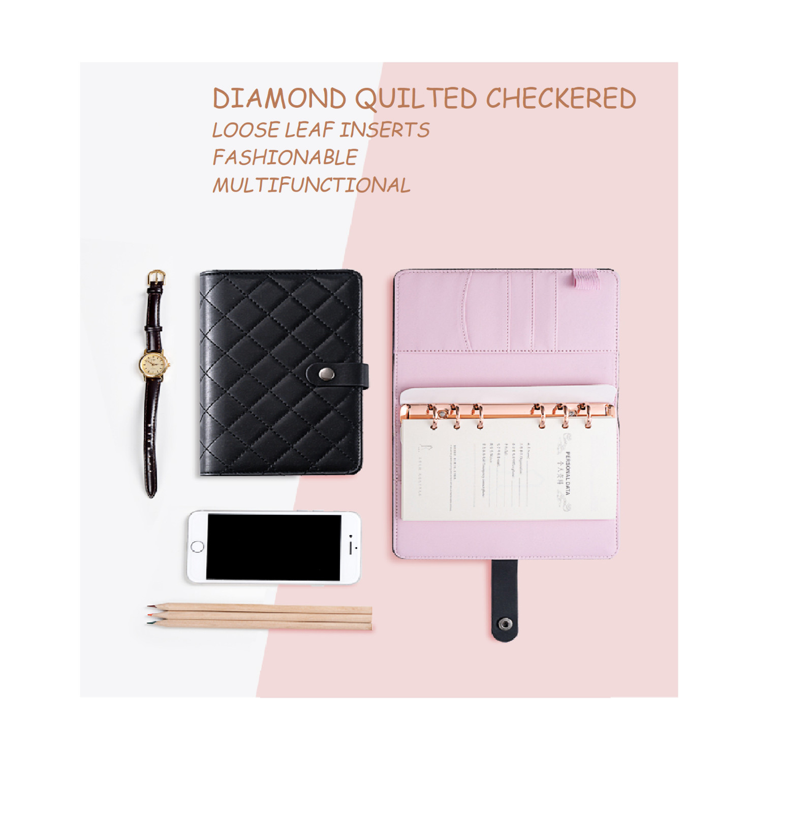 💗 Luxury Black Quilted Checkered A6 A5 Agenda Binder Planner Cash Envelope
