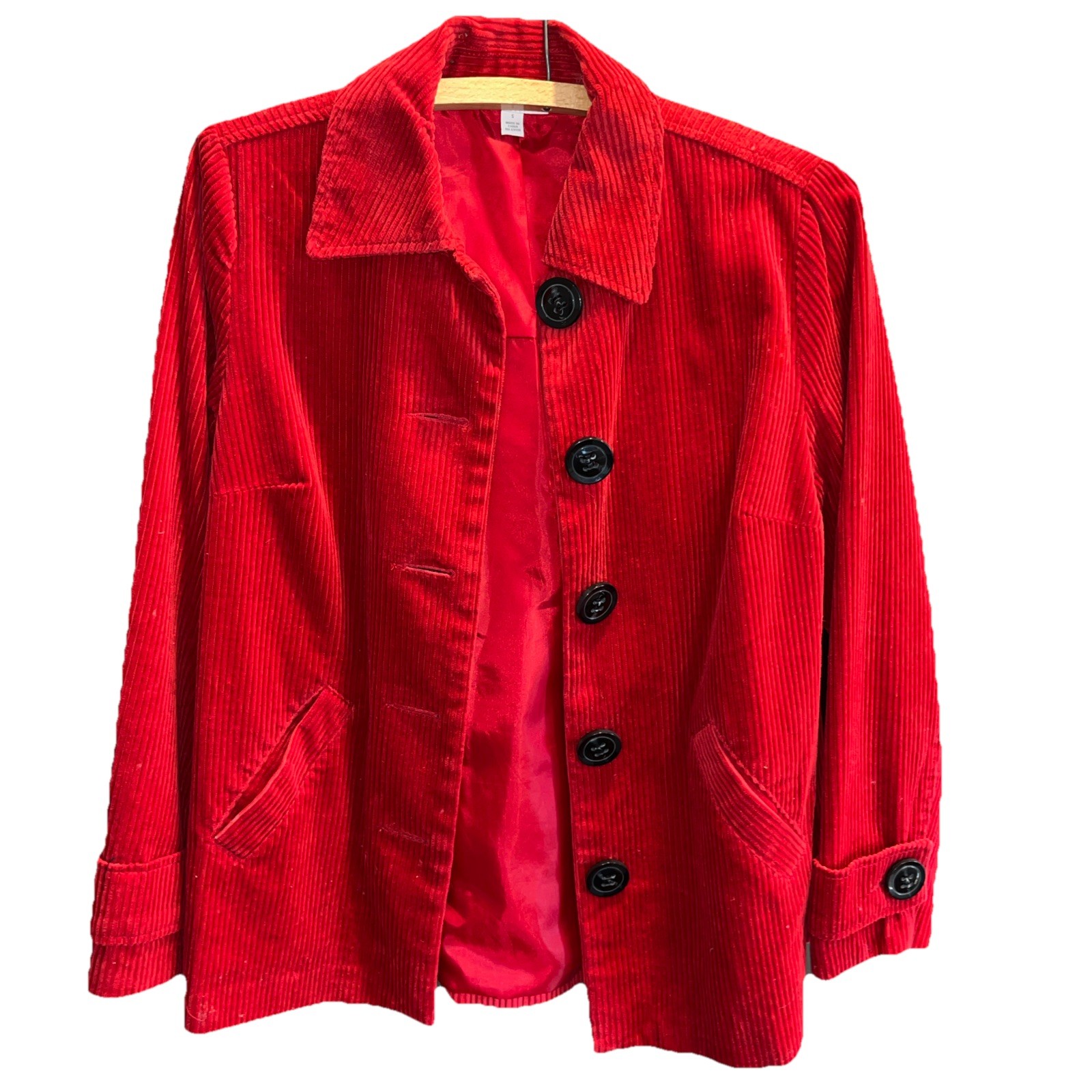 RED Corduroy JACKET Button Front Collared Button Strap Cuffs Womens S Relativity