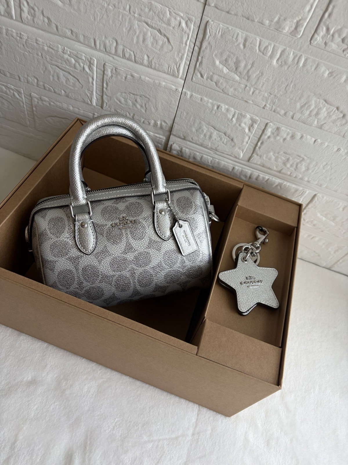 Coach Signature Logo Mini Satchel Metallic Silver/Gray Zip Strap Star Charm