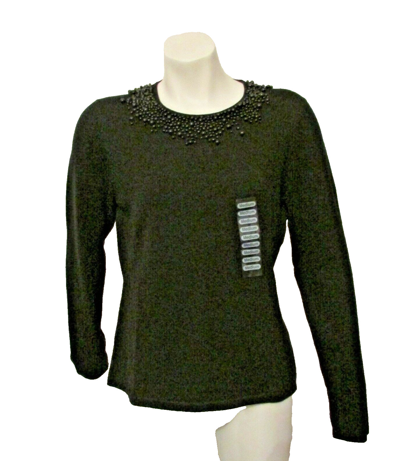 $120 NWT Saks Fifth Avenue Folio Silk Cashmere Black Beaded Pullover Sweater M