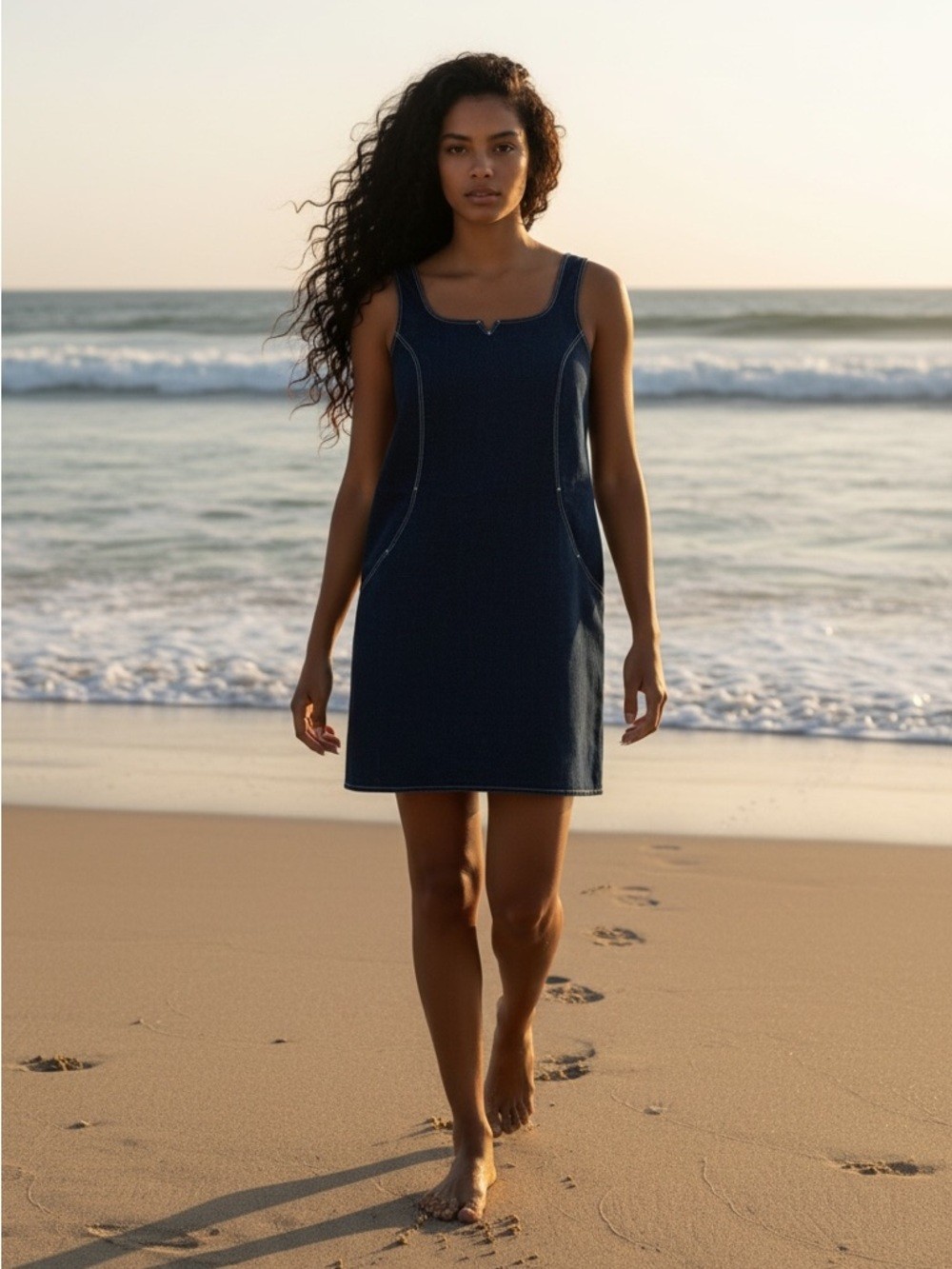 Bali Dark Blue Stretch Denim Sleeveless Shift Dress – Size L