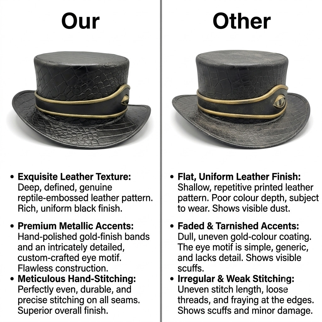 Handmade Black Croc Leather Look Top Hat Gold Band Steampunk Gothic Costume