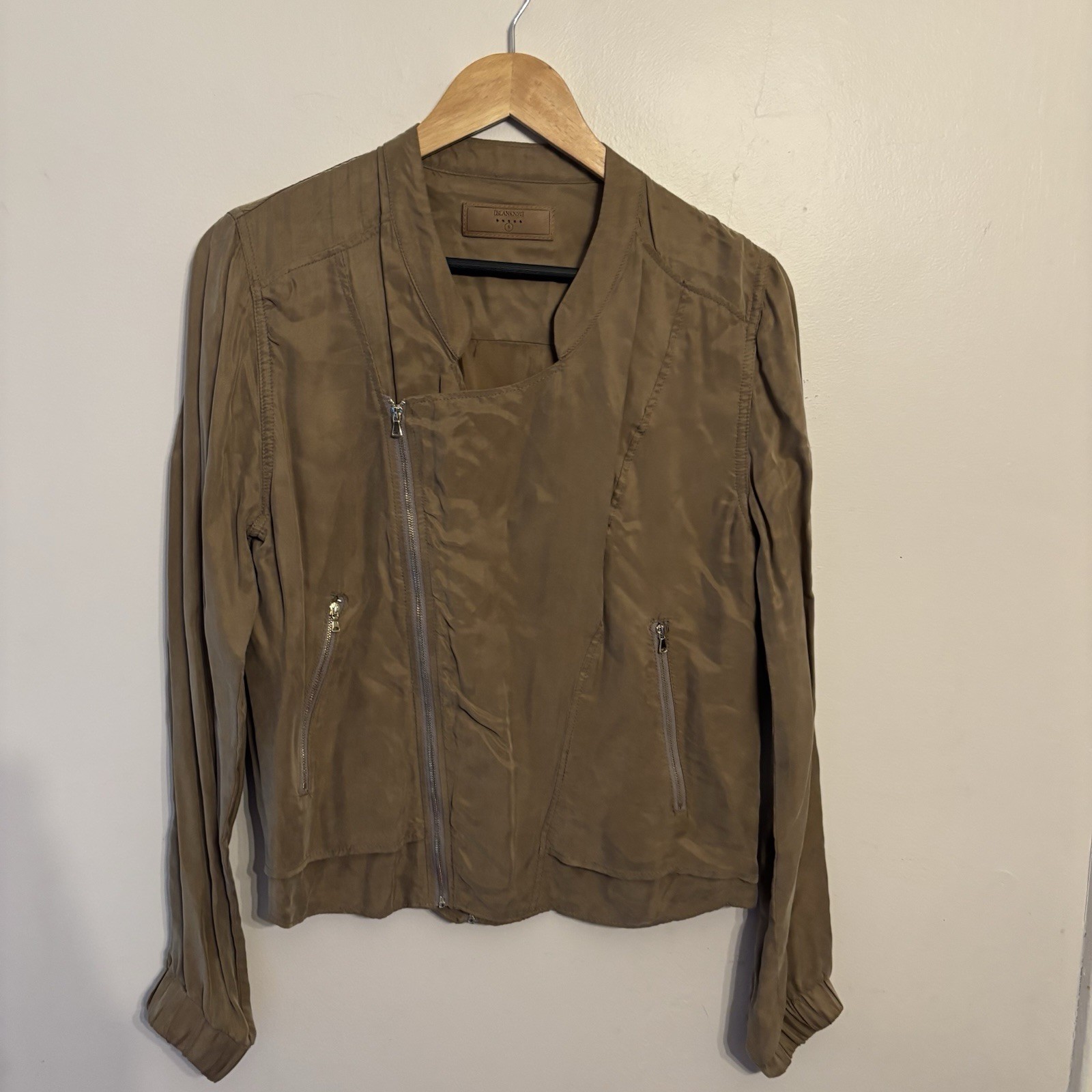 BlankNYC Women’s Taupe Faux Silk Asymmetrical Moto Jacket Size Small