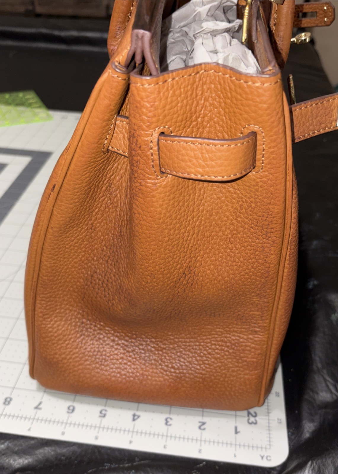100% Genuine Bonded Leather Structured Satchel Tote Brown Gold Lock Large Bag