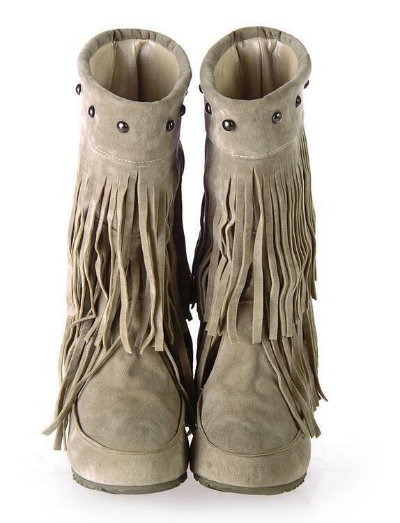 Fringes Womens Rivet Tassel Round Toe Hidden Wedge Mid Calf Boots Pull on Shoes