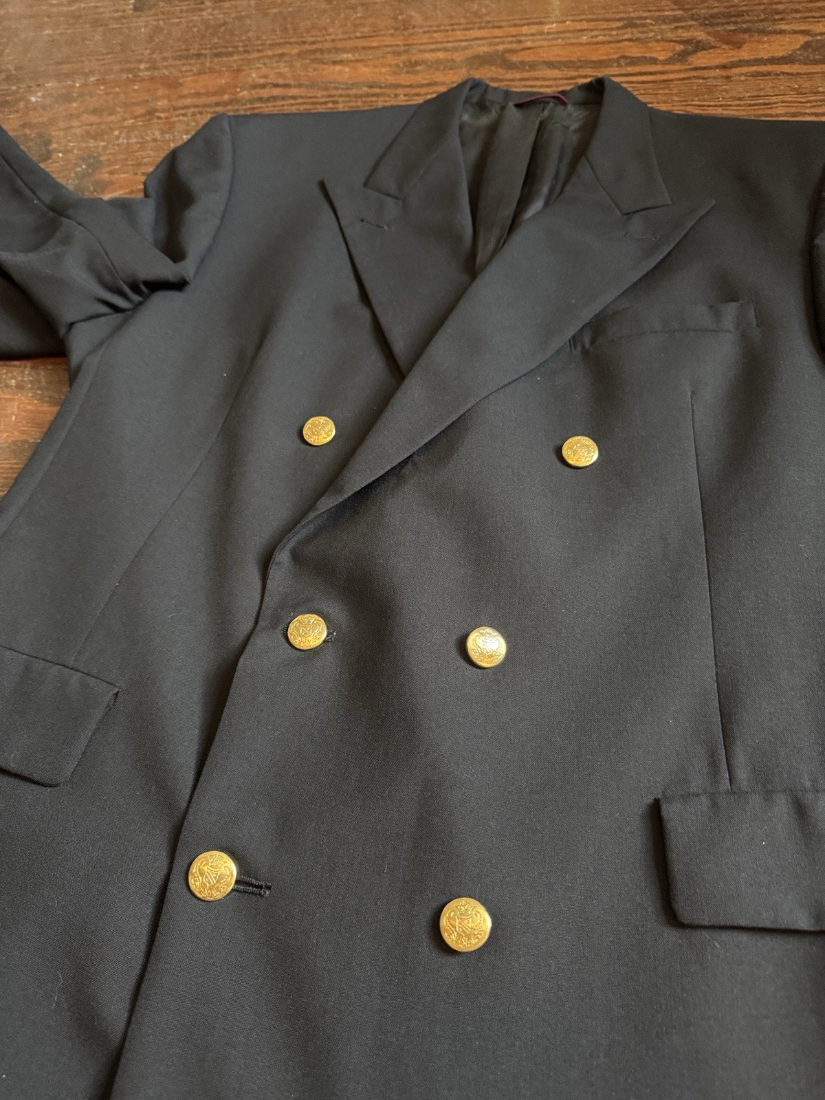Vintage Hart Schaffner Marx Black Double-Breasted Blazer with Gold Buttons 46L