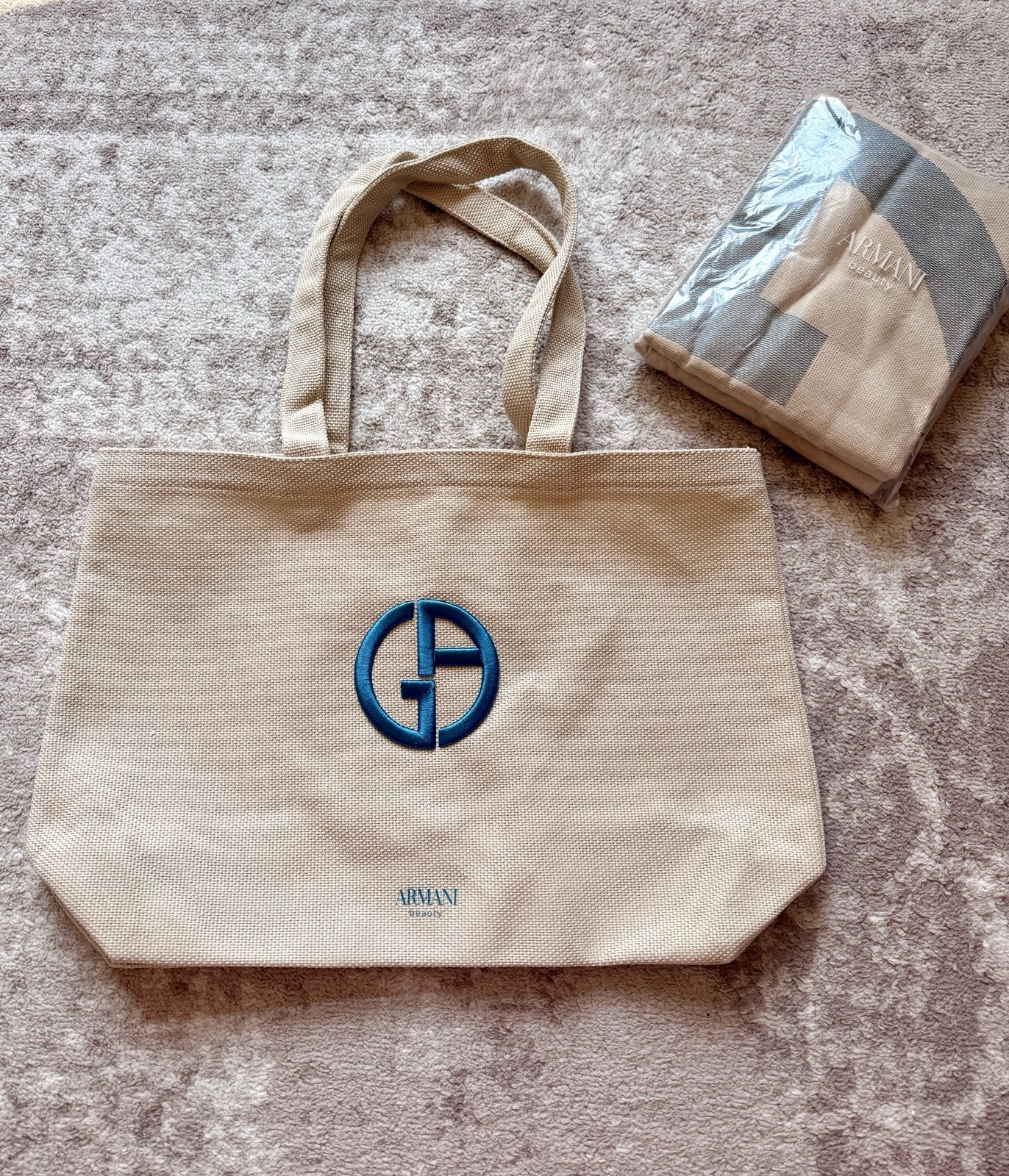 Armani Giorgio Large Beach Bag And Beach Towel In Beige Color And Logo