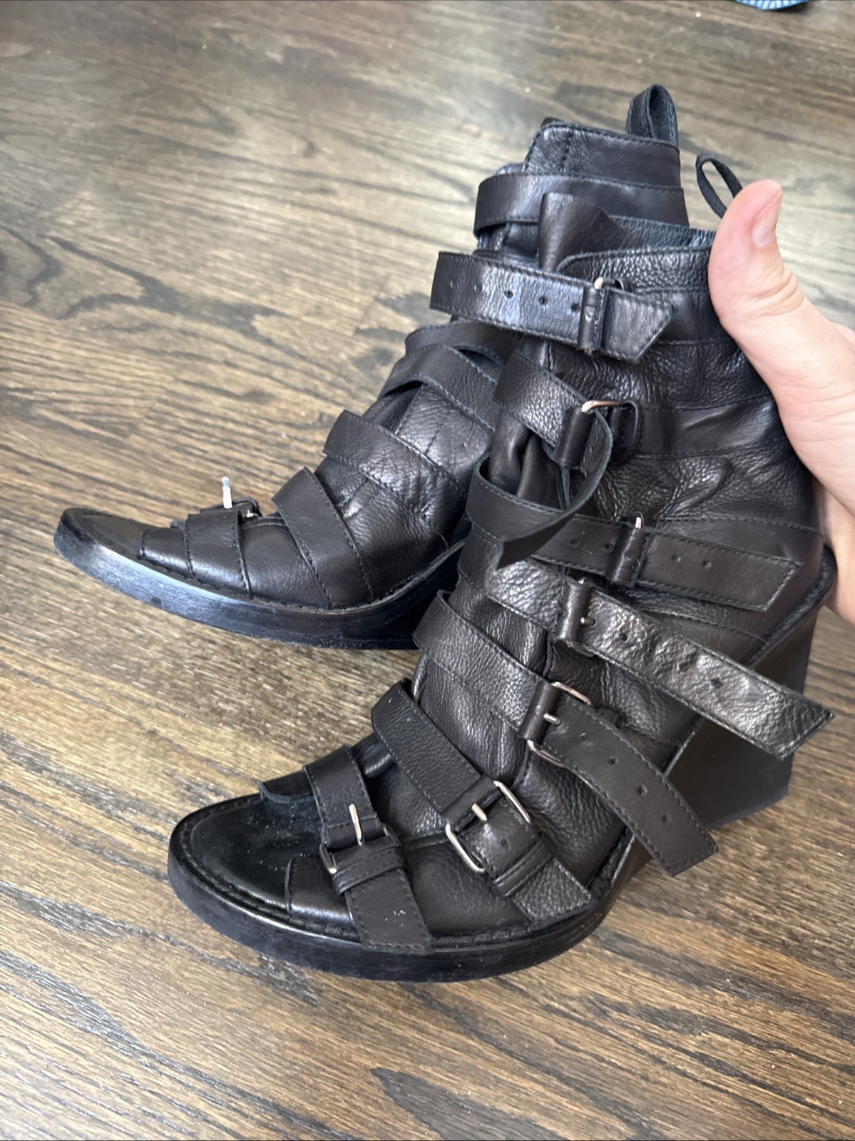Ann Demeulemeester Black Leather Gladiator Wedge Sandals Sz 38