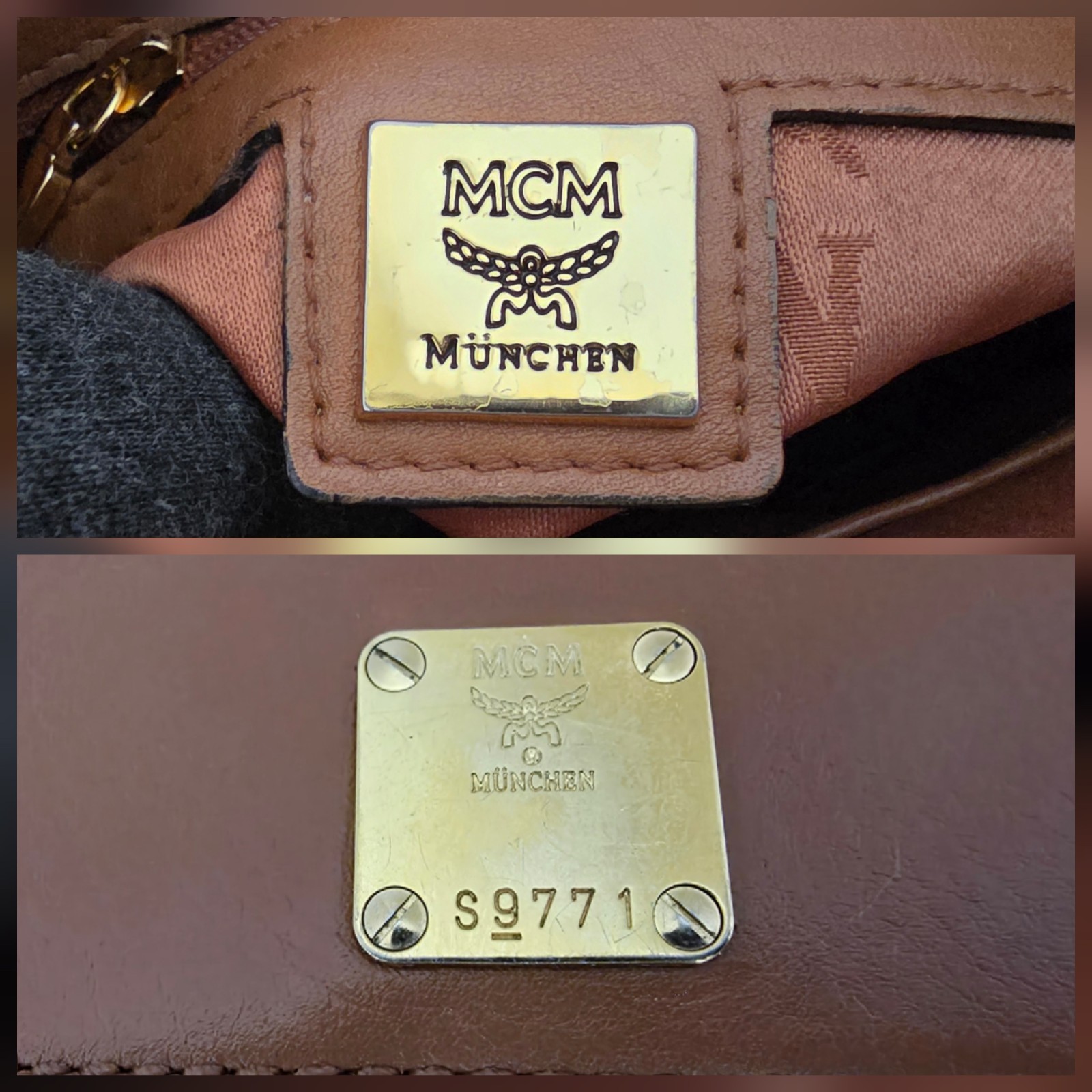 MCM Cognac Monogram Small Flat Shoulder Crossbody Bag AUTHENTIC