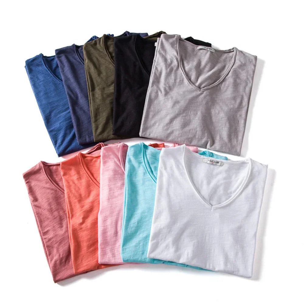 Men’s 100% Cotton V-Neck Slim Fit Solid Color Short Sleeve T-Shirt
