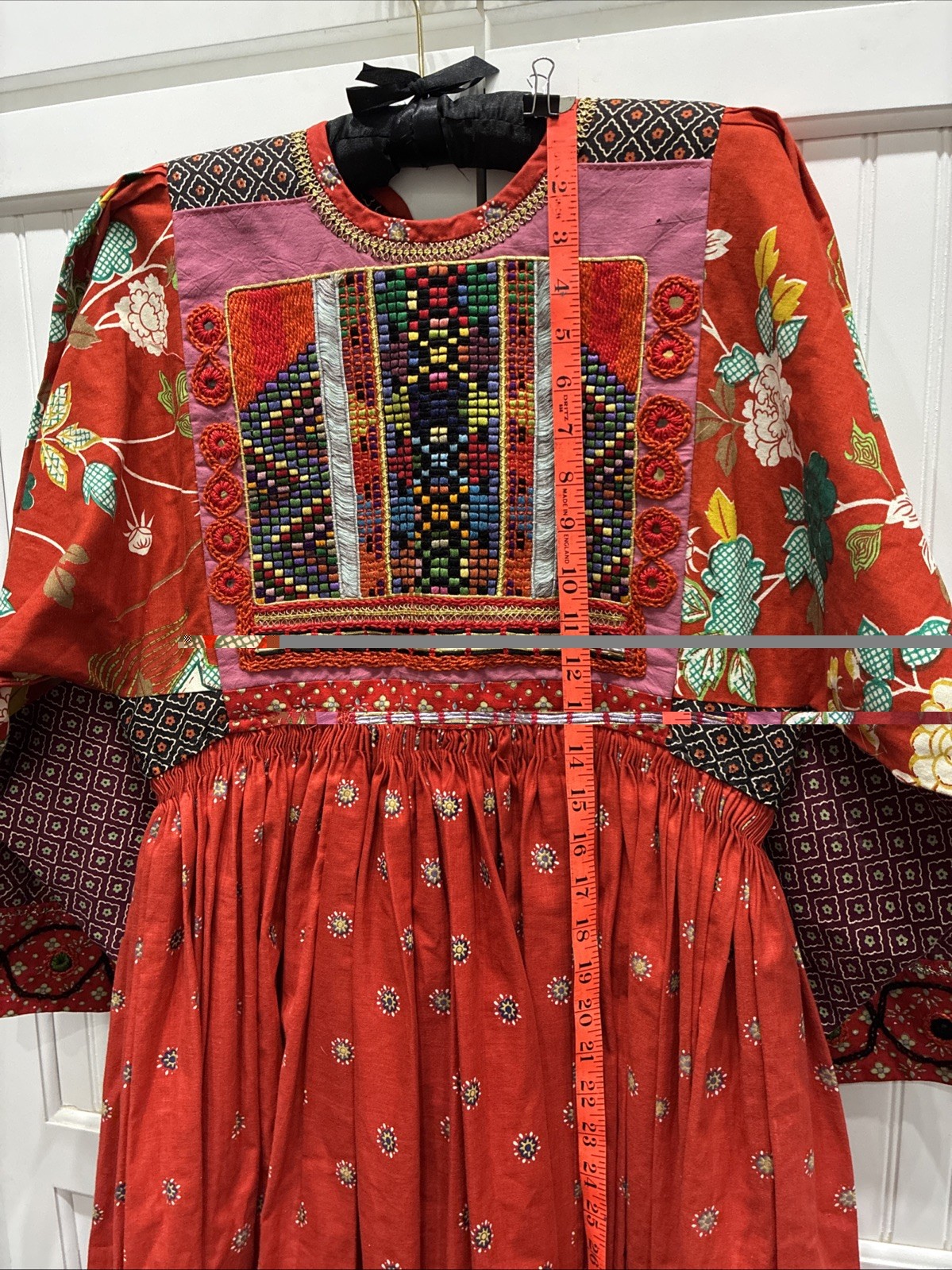 Vintage Afghan Kuchi Style Embroidered Beaded Red Maxi Dress Tribal Boho