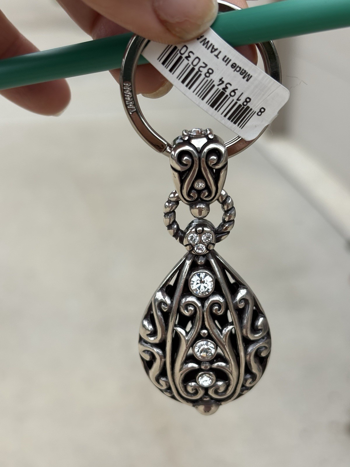 Brighton Silver Tone Metal Teardrop Scroll Key Chain w/ Rhinestone Accents