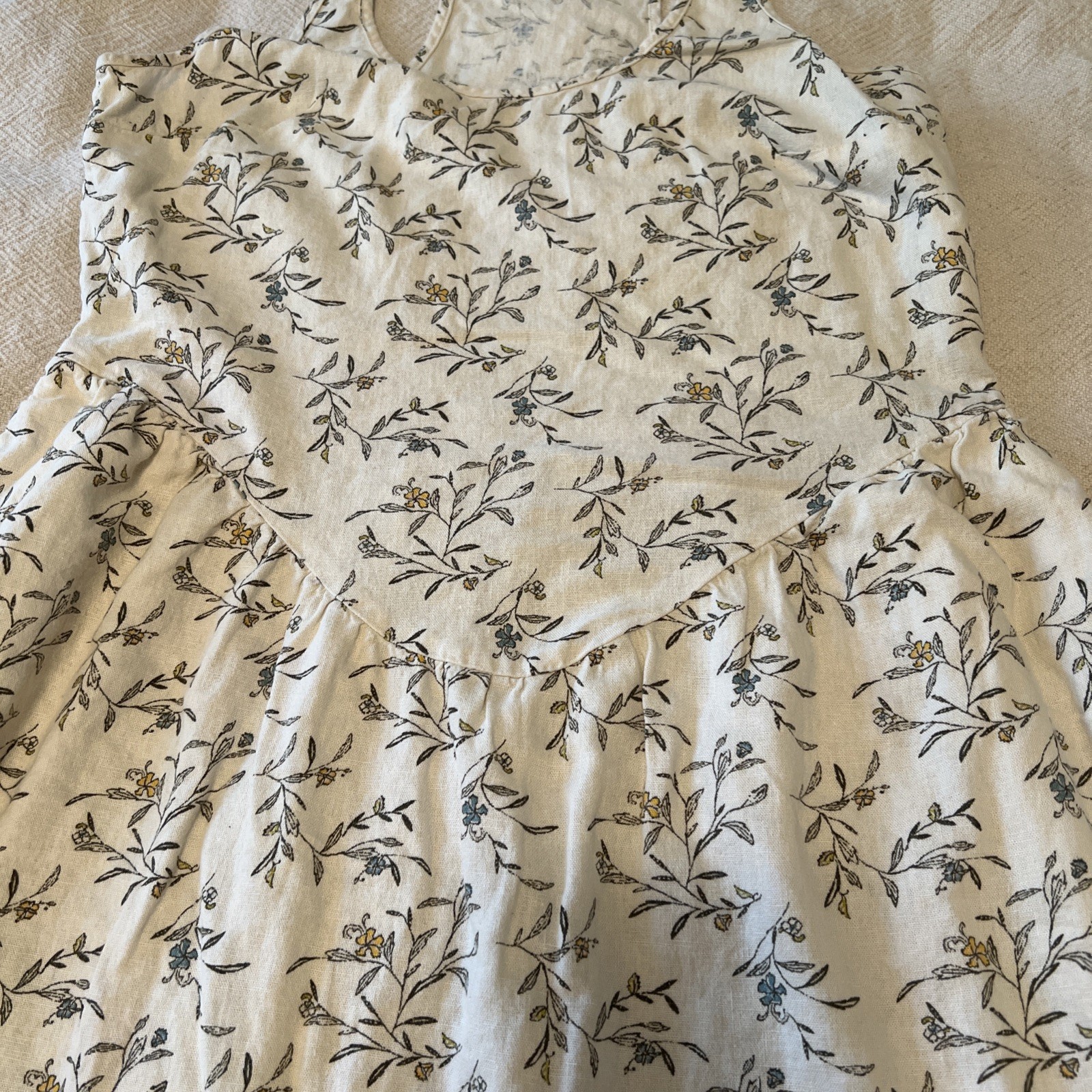 M Floral Linen Blend Cottage Basque Waist Racer Back Sleeveless Dress Pockets
