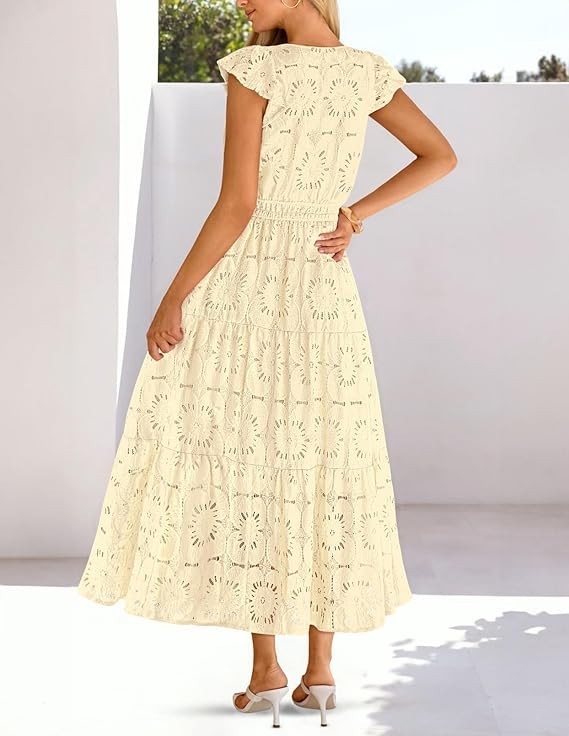 MEROKEETY Lace Eyelet Maxi Dress Apricot M Boho Flutter Sleeve Tiered