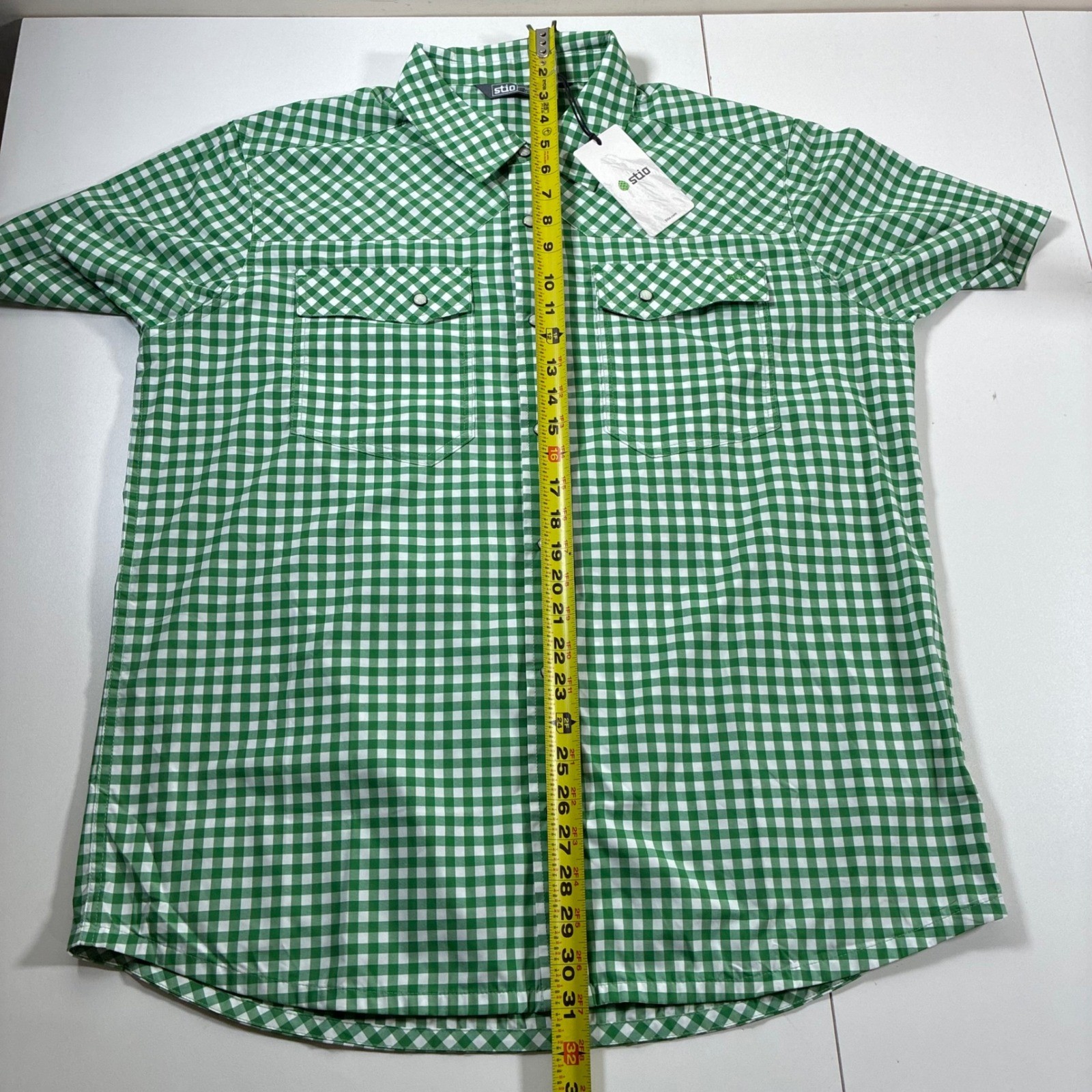 NEW Stio Eddy SS Pearl Snap Shirt Large Green Gingham Check Western Technical