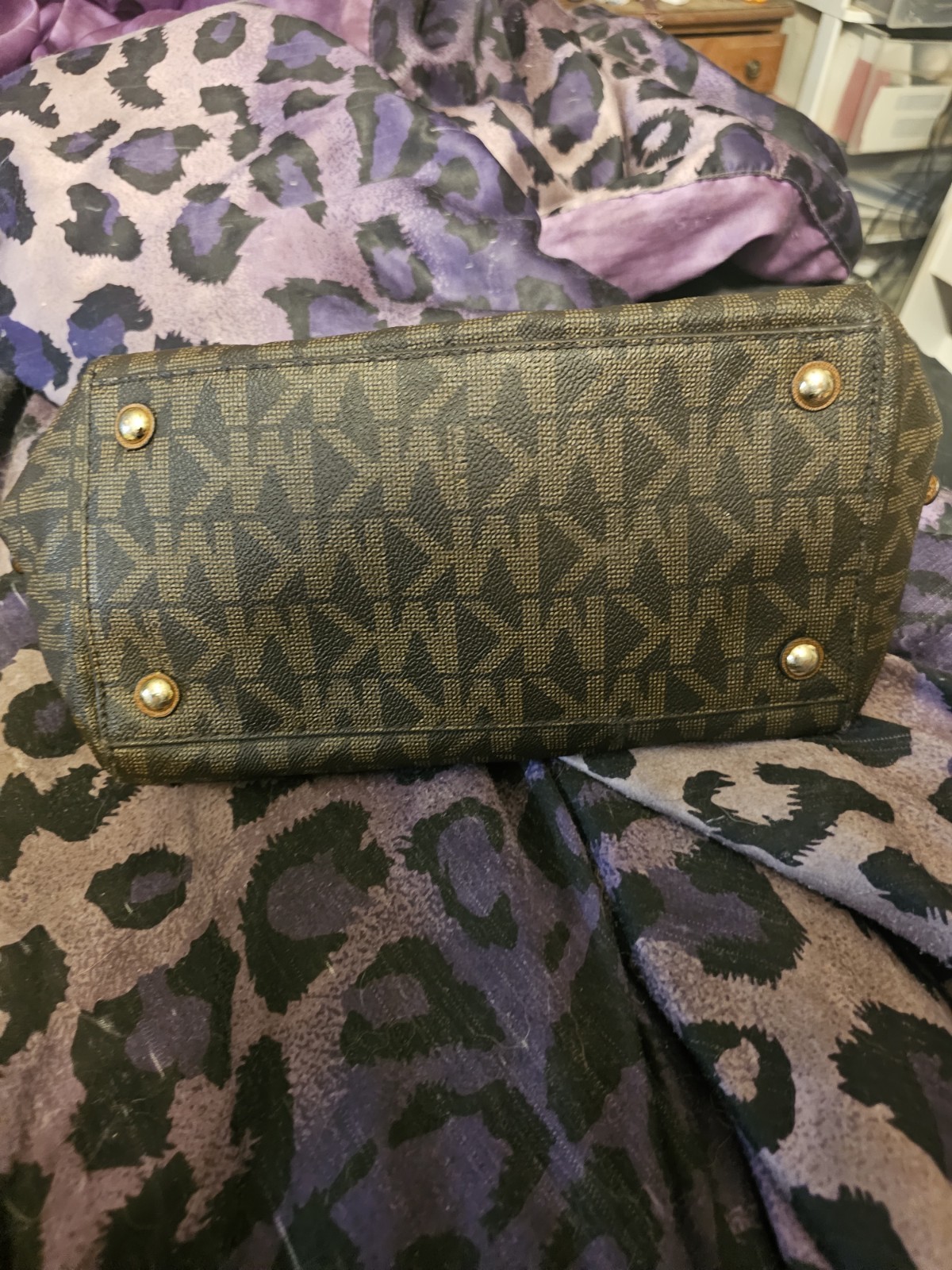 Michael Kors MK Logo Studded Satchel Top Handle Zip Gold Hardware and long strap